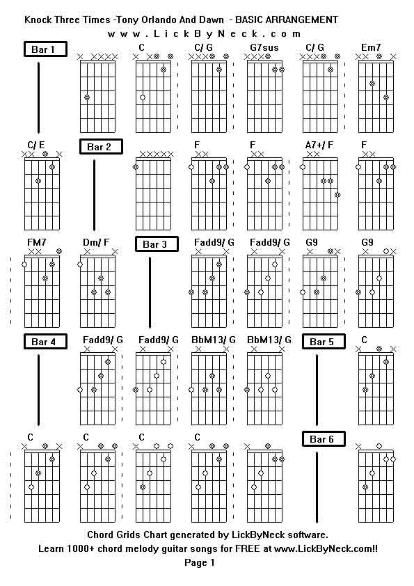 Chord Grids Chart of chord melody fingerstyle guitar song-Knock Three Times -Tony Orlando And Dawn  - BASIC ARRANGEMENT,generated by LickByNeck software.